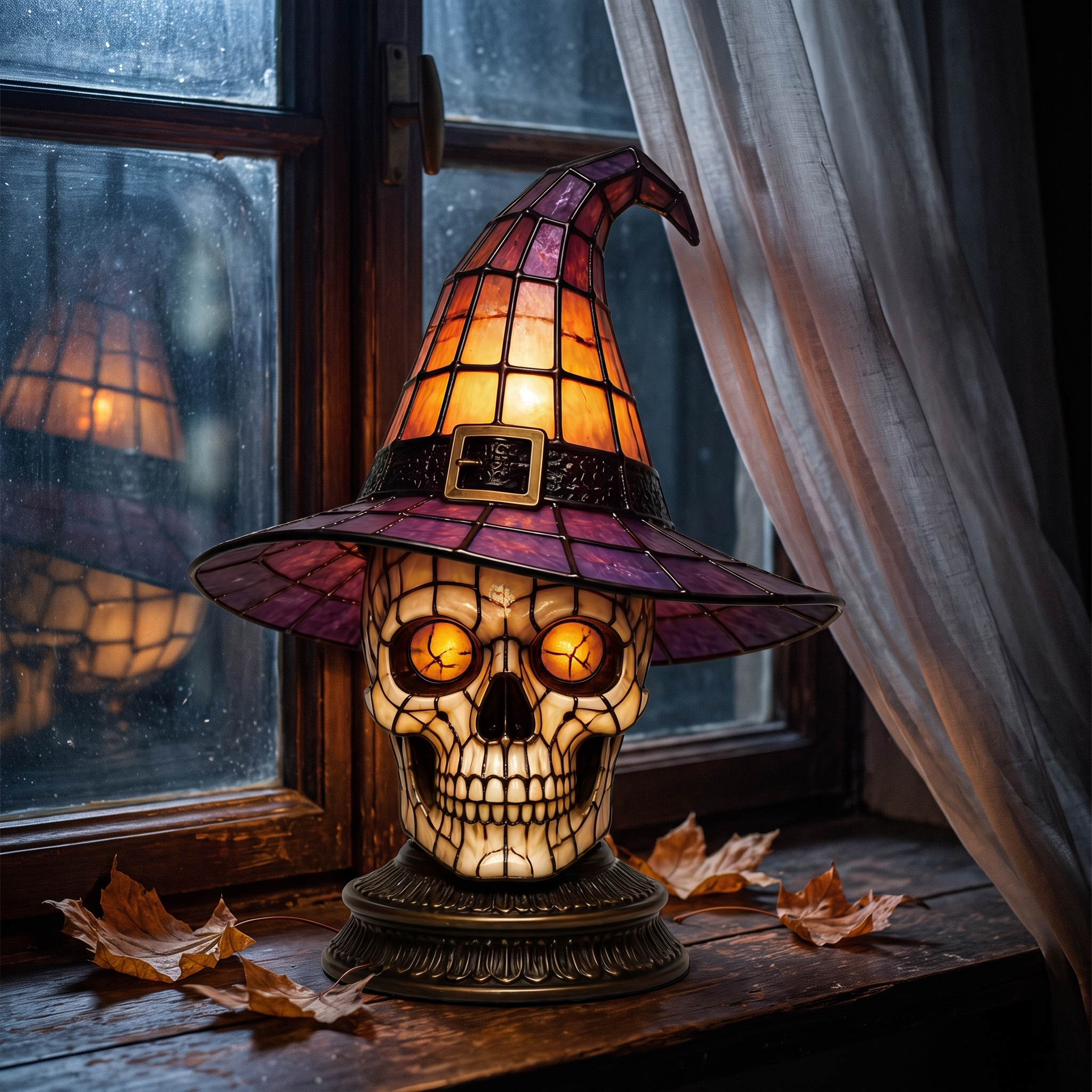 Skull Witch Hat Stained Glass Lamp - windowsill at night