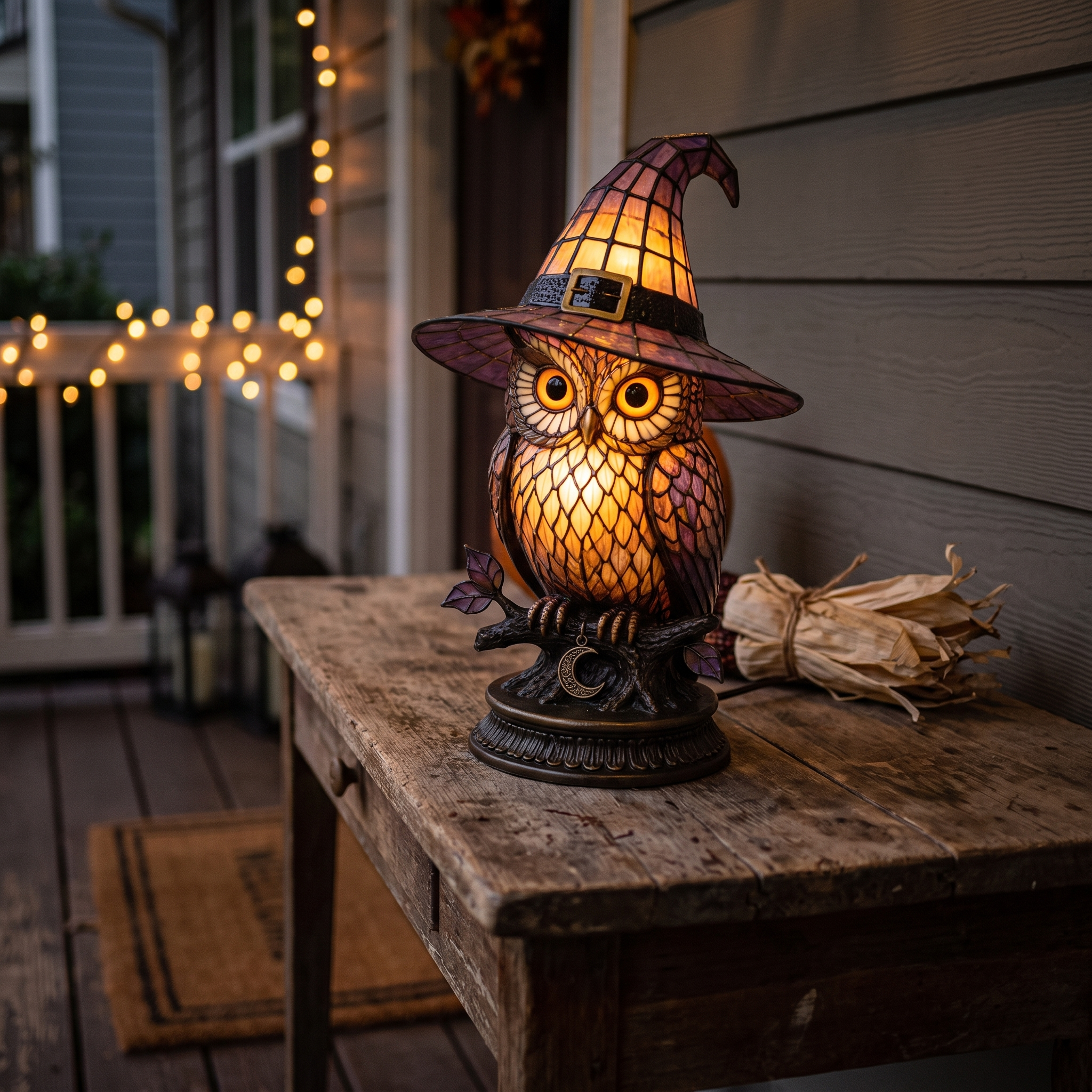 Owl Witch Hat Stained Glass Lamp - porch entryway styling