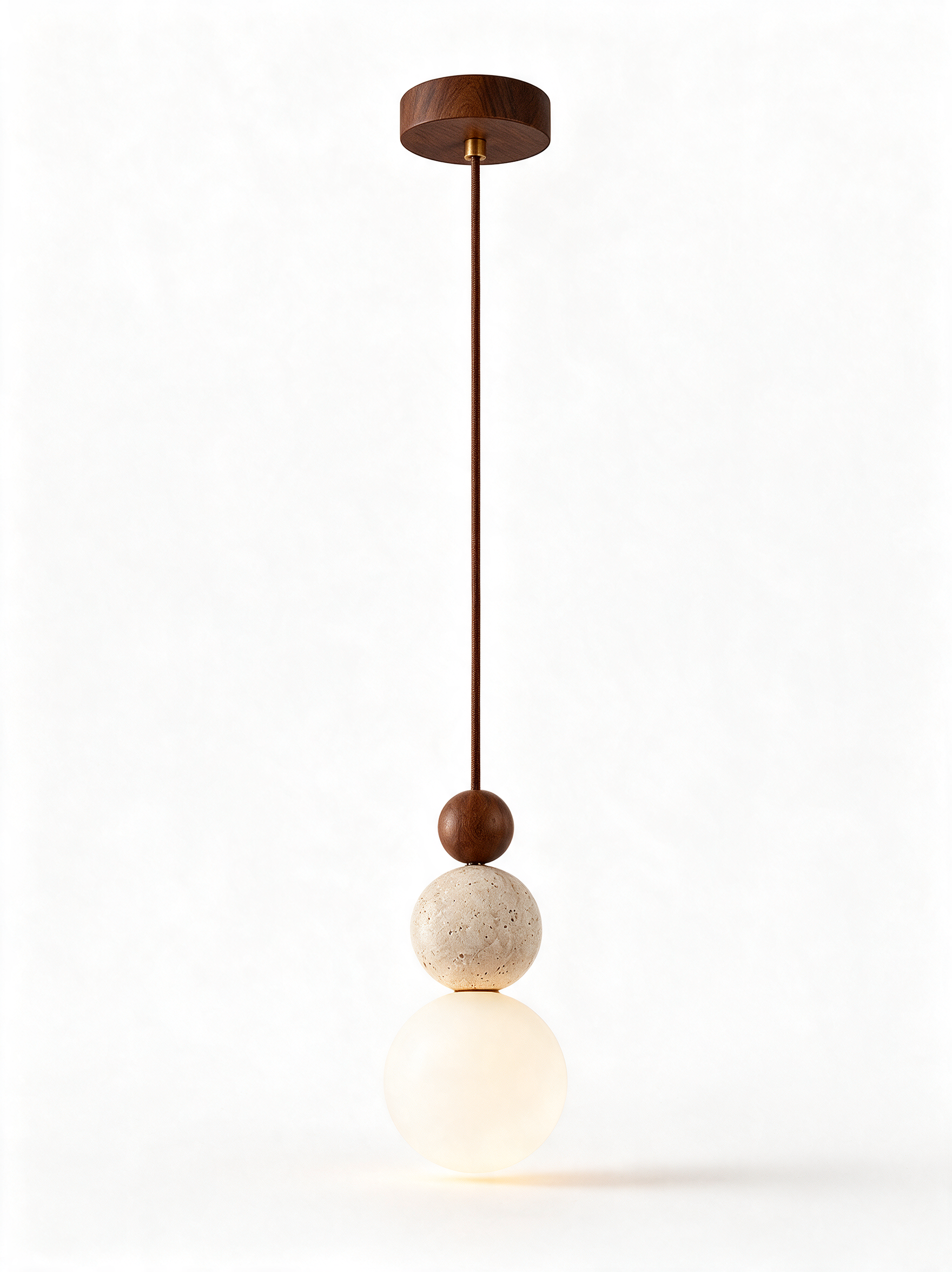 AIR HAVEN Travertine Wood Pendant Light - full elevation with ceiling canopy