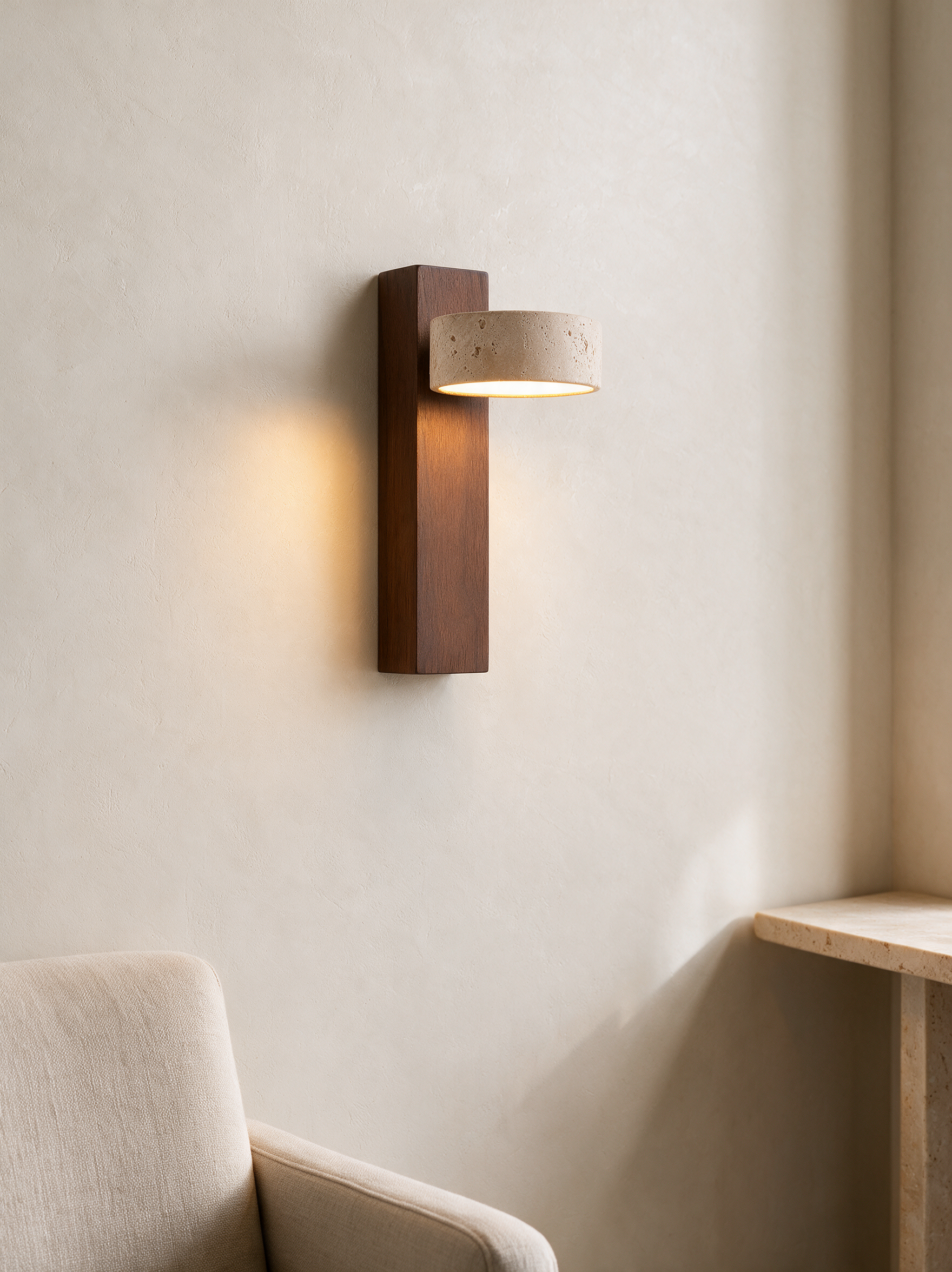 AIR HAVEN Travertine Walnut Wall Sconce - signature lifestyle reading nook