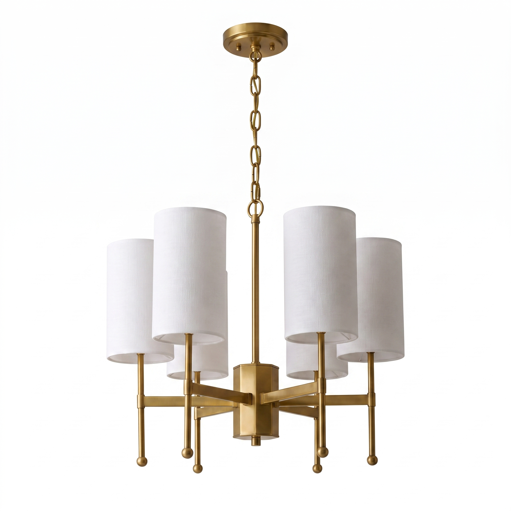 AIR HAVEN Brass Fabric Shade Chandelier 5-Head - Three-Quarter Studio View