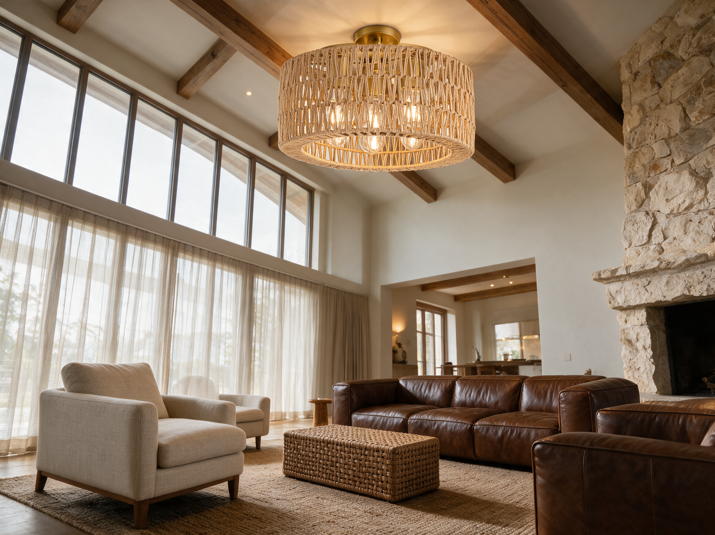 Designer Rattan Flush Mount Ceiling Light, Architectural Centerpiece Boho Fixture, Gold Trim Woven Drum Shade for High Ceiling Living Rooms & Foyers