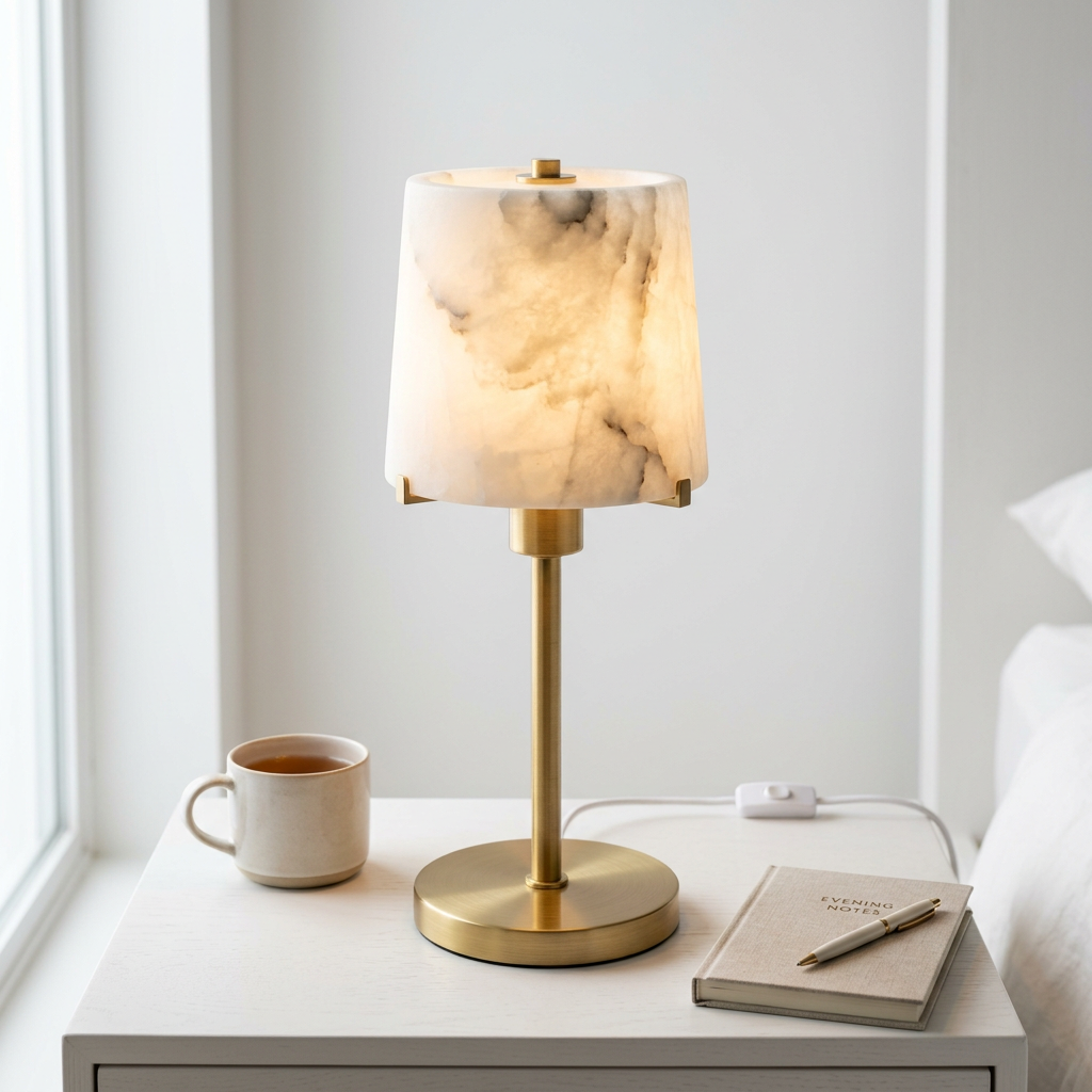 Alabaster Table Lamp for Bedroom & Living Room | Natural Stone Touch Dimmer Brushed Brass Lamp