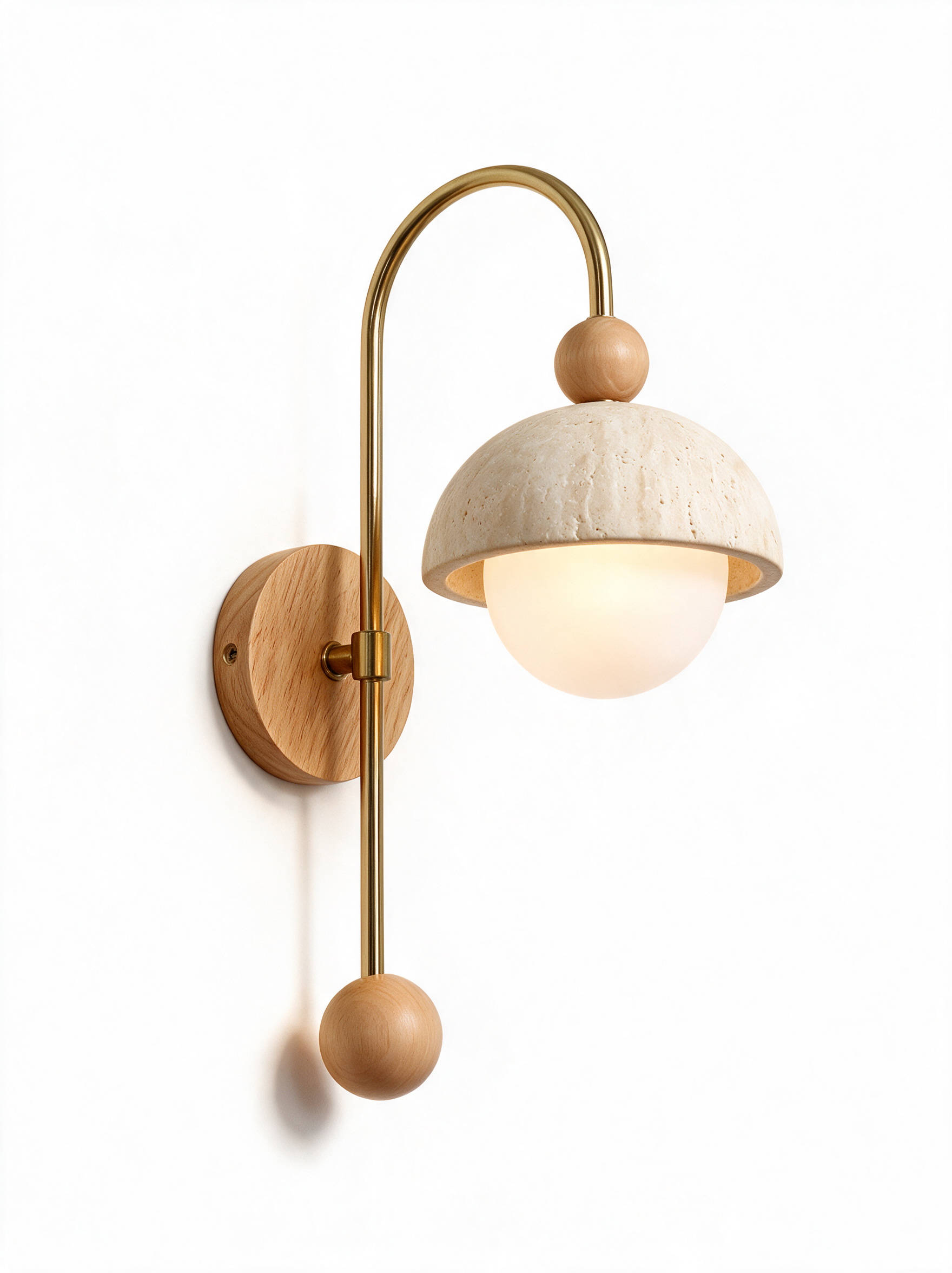 AIR HAVEN Travertine Dome Reading Sconce Wood - Three-Quarter Studio View