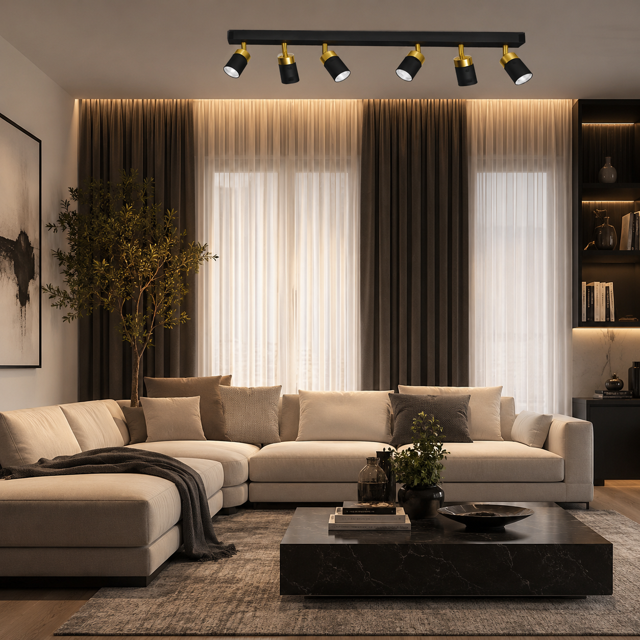 6-Head Track Lighting System for Kitchen & Living Room | Adjustable Black Gold Ceiling Spotlight