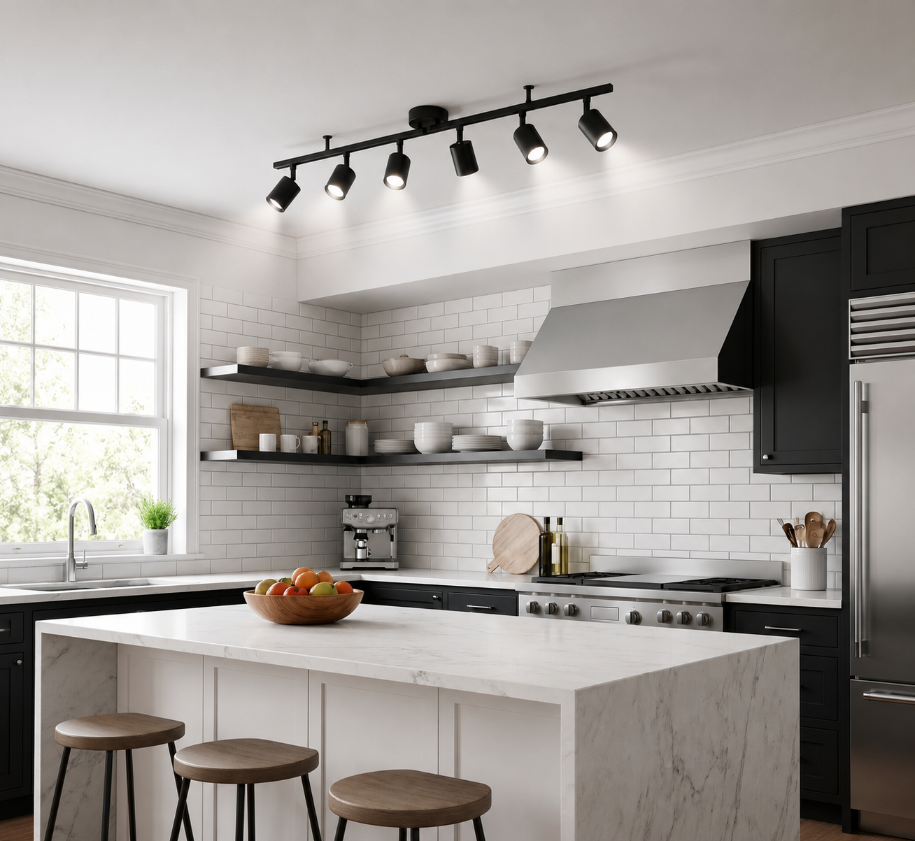 6-Head LED Track Light System for Kitchen & Gallery | Magnetic Rail Spotlight, Black or White, 48 Inch