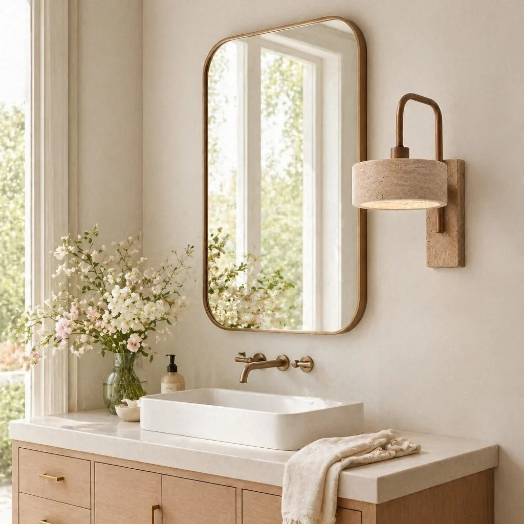 Tavik Vintage Rustic Travertine Stone Cylinder Wall Sconce
