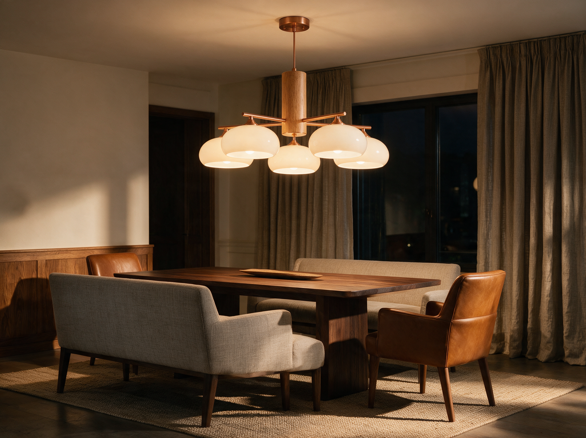 Copper Chandelier, Warm Luxury Evening Dining Room Light Fixture, Wood Beam Farmhouse Chandelier, Milk Glass Shades, 3 or 5-Light Rustic Elegant