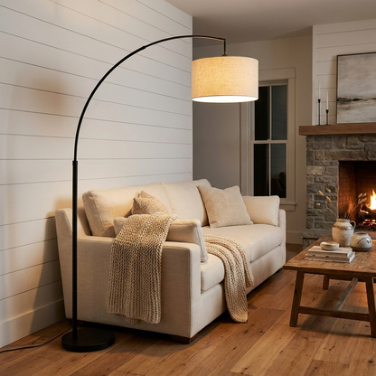 Farmhouse Arc Floor Lamp for Living Room & Bedroom | Matte Black Steel, Linen Shade, Dimmable, 70 Inch