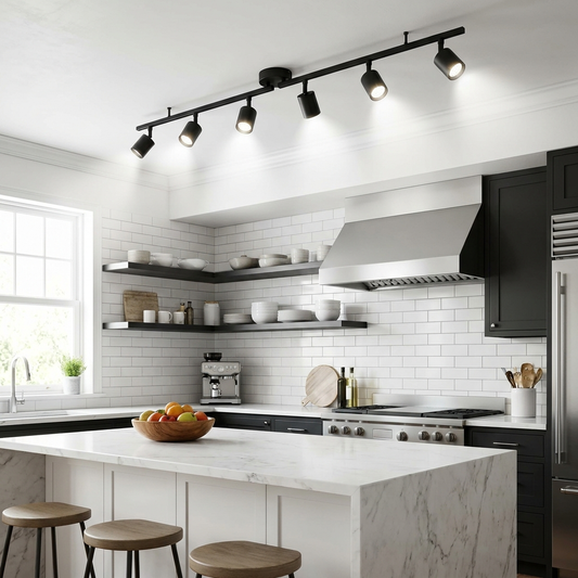 6-Head LED Track Light System for Kitchen & Gallery | Magnetic Rail Spotlight, Black or White, 48 Inch