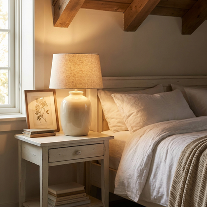Farmhouse Ceramic Table Lamp | Rustic Linen Shade, Bedside & Living Room Accent, 2 Sizes