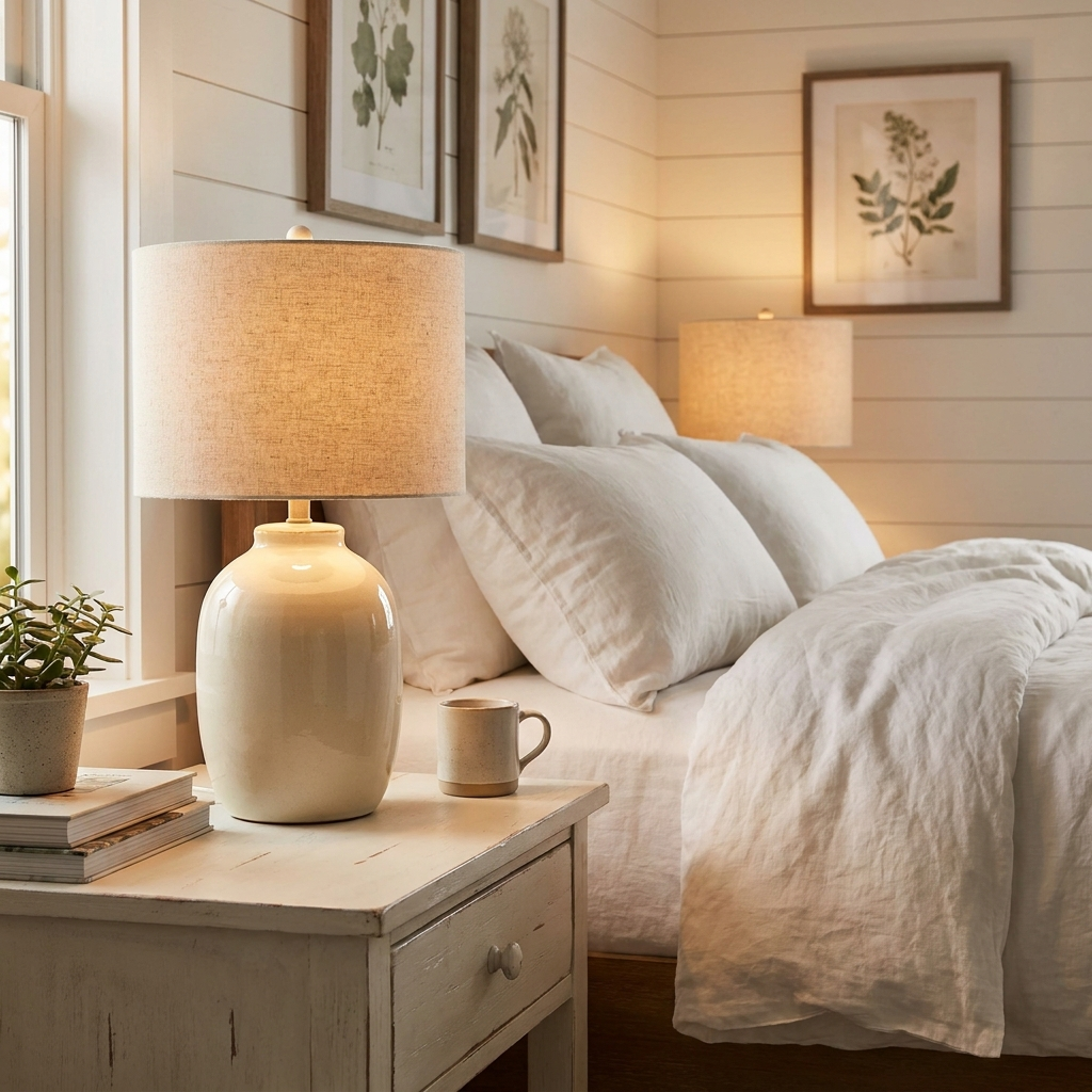 Rustic ceramic table lamp linen shade – finish and material close-up