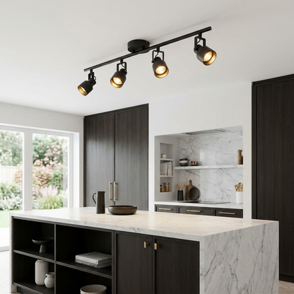 4-Head Adjustable Track Lighting Kit for Kitchen & Office | Matte Black Ceiling Spotlight Rail, 3 Sizes