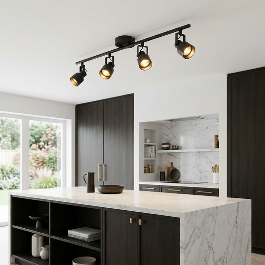 4-Head Adjustable Track Lighting Kit for Kitchen & Office | Matte Black Ceiling Spotlight Rail, 3 Sizes