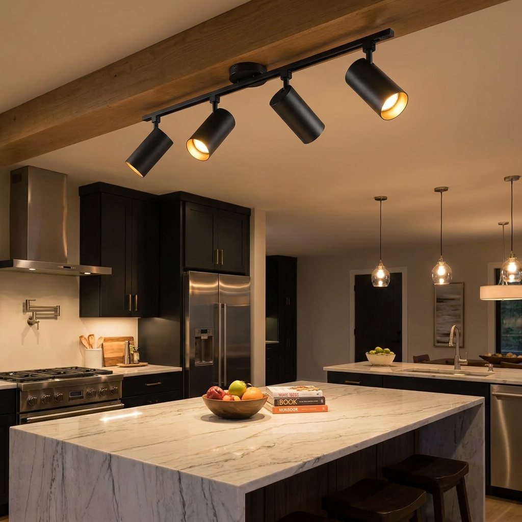 4-Head Adjustable Track Lighting Kit for Kitchen & Office | Matte Black Ceiling Spotlight Rail, 3 Sizes