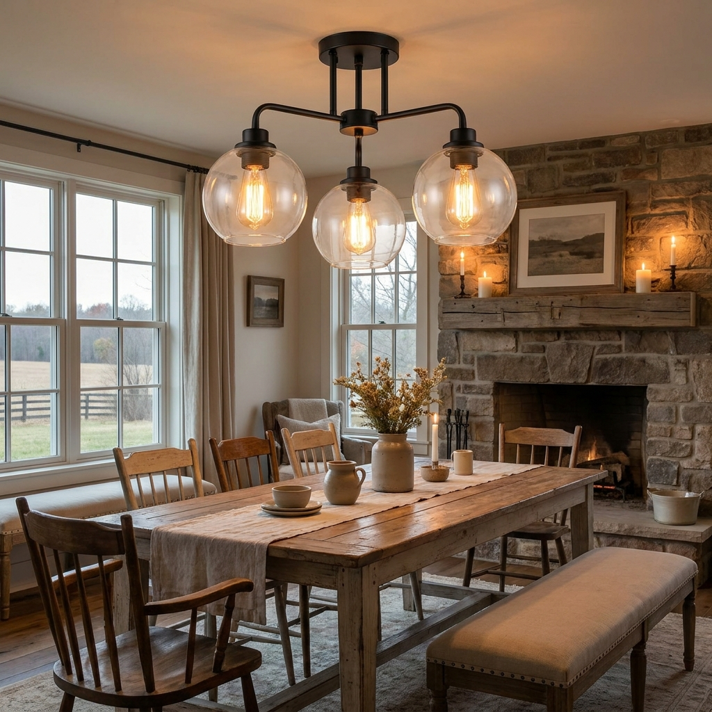 Globe Semi-Flush Ceiling Light for Dining Room & Living Room | Farmhouse Black, 3-Head Clear Glass, 20 Inch