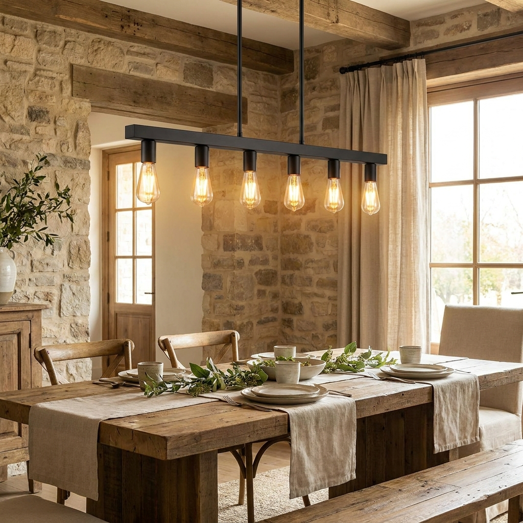 Linear Farmhouse Chandelier for Dining Room & Kitchen Island | Matte Black Iron, 6-Head, 48 Inch