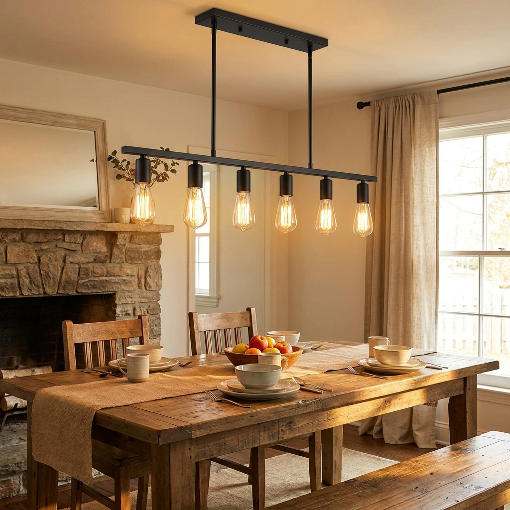 Linear Farmhouse Chandelier for Dining Room & Kitchen Island | Matte Black Iron, 6-Head, 48 Inch