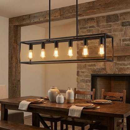 Linear Farmhouse Chandelier for Dining Room & Kitchen Island | Matte Black Iron, 6-Head, 48 Inch