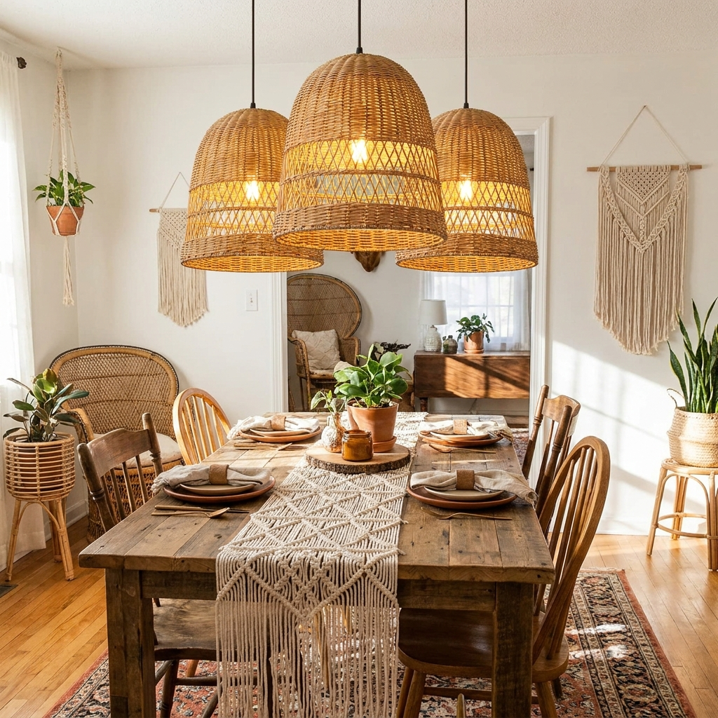 Natural woven rattan chandelier dining room – finish and material close-up