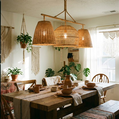 Rattan Wicker Chandelier for Dining Room & Kitchen Island | Boho Farmhouse, 3-Head Natural Woven Shade, 26 Inch