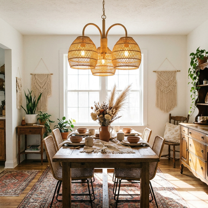 Rattan Wicker Chandelier for Dining Room & Kitchen Island | Boho Farmhouse, 3-Head Natural Woven Shade, 26 Inch