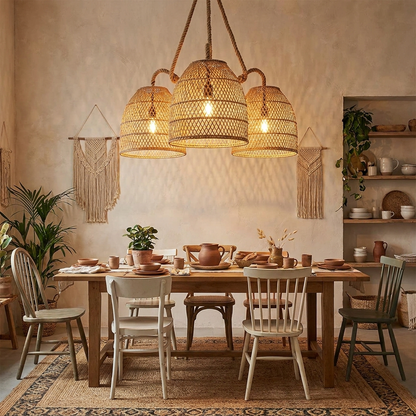 Rattan Wicker Chandelier for Dining Room & Kitchen Island | Boho Farmhouse, 3-Head Natural Woven Shade, 26 Inch
