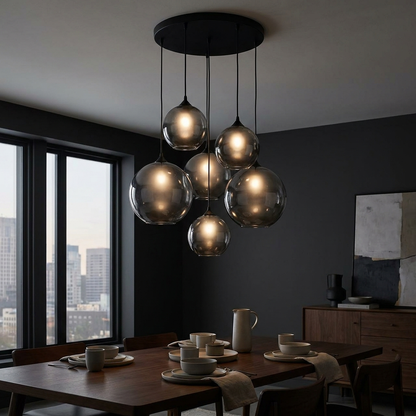 Smoked Glass Sphere Chandelier for Dining Room | Modern Cluster, 6 or 9-Head, Matte Black, 24-32 Inch