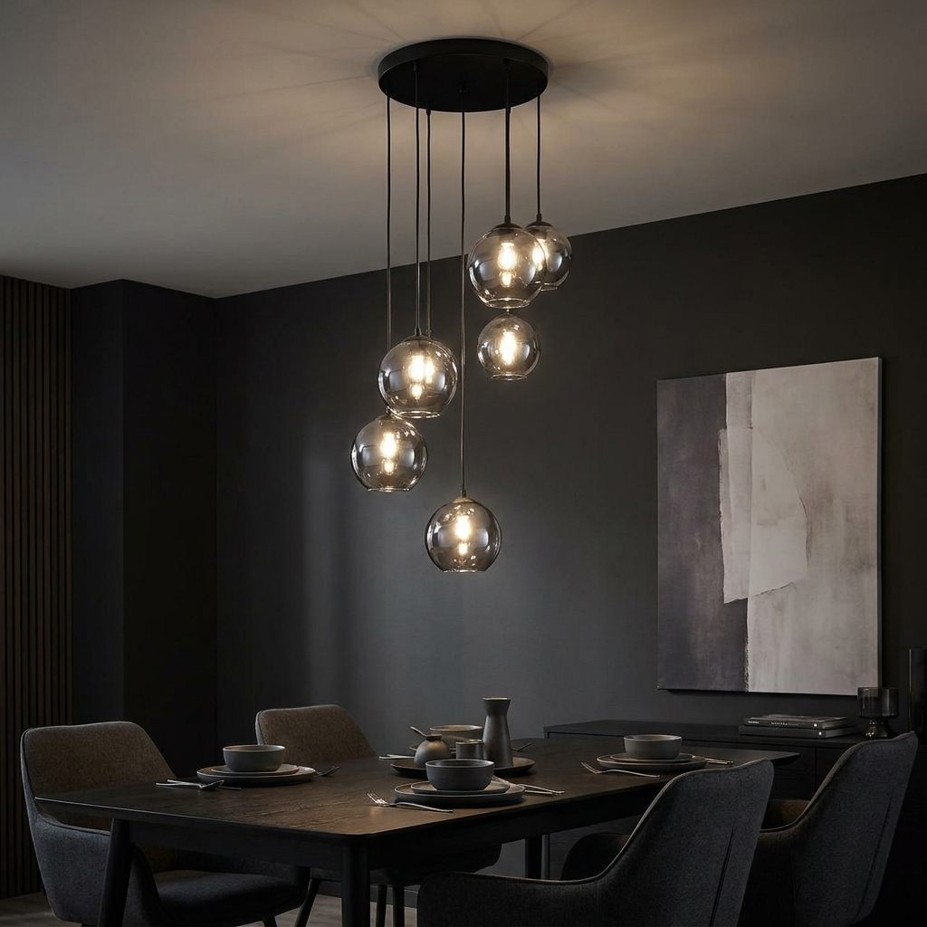 Smoked Glass Sphere Chandelier for Dining Room | Modern Cluster, 6 or 9-Head, Matte Black, 24-32 Inch