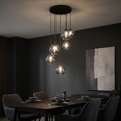 Smoked Glass Sphere Chandelier for Dining Room | Modern Cluster, 6 or 9-Head, Matte Black, 24-32 Inch