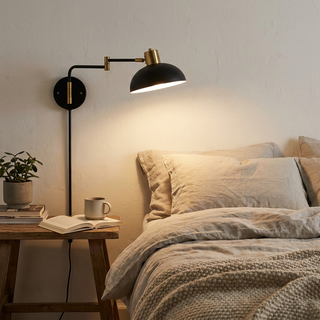 Plug-In Swing Arm Wall Lamp for Bedroom Reading | Adjustable, Matte Black & Gold, No Hardwire Required