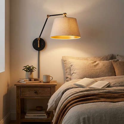 Plug-In Swing Arm Wall Lamp for Bedroom Reading | Adjustable, Matte Black & Gold, No Hardwire Required