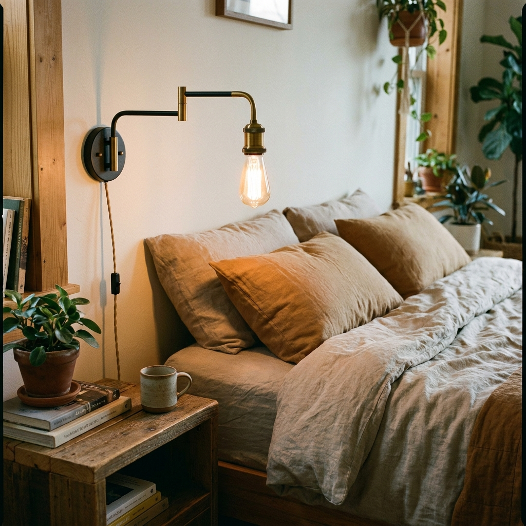 Plug-In Swing Arm Wall Lamp for Bedroom Reading | Adjustable, Matte Black & Gold, No Hardwire Required