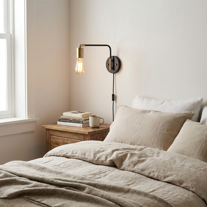 Plug-In Swing Arm Wall Lamp for Bedroom Reading | Adjustable, Matte Black & Gold, No Hardwire Required