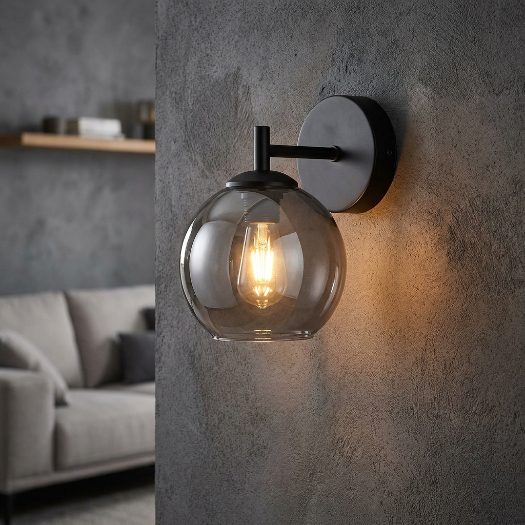 Smoked glass wall sconce 2 sizes single globe – scale and dimensions reference