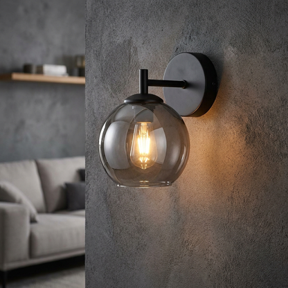 Smoked Glass Wall Sconce | Modern Indoor Accent Light, Matte Black Frame, Single or Double Globe, 2 Sizes