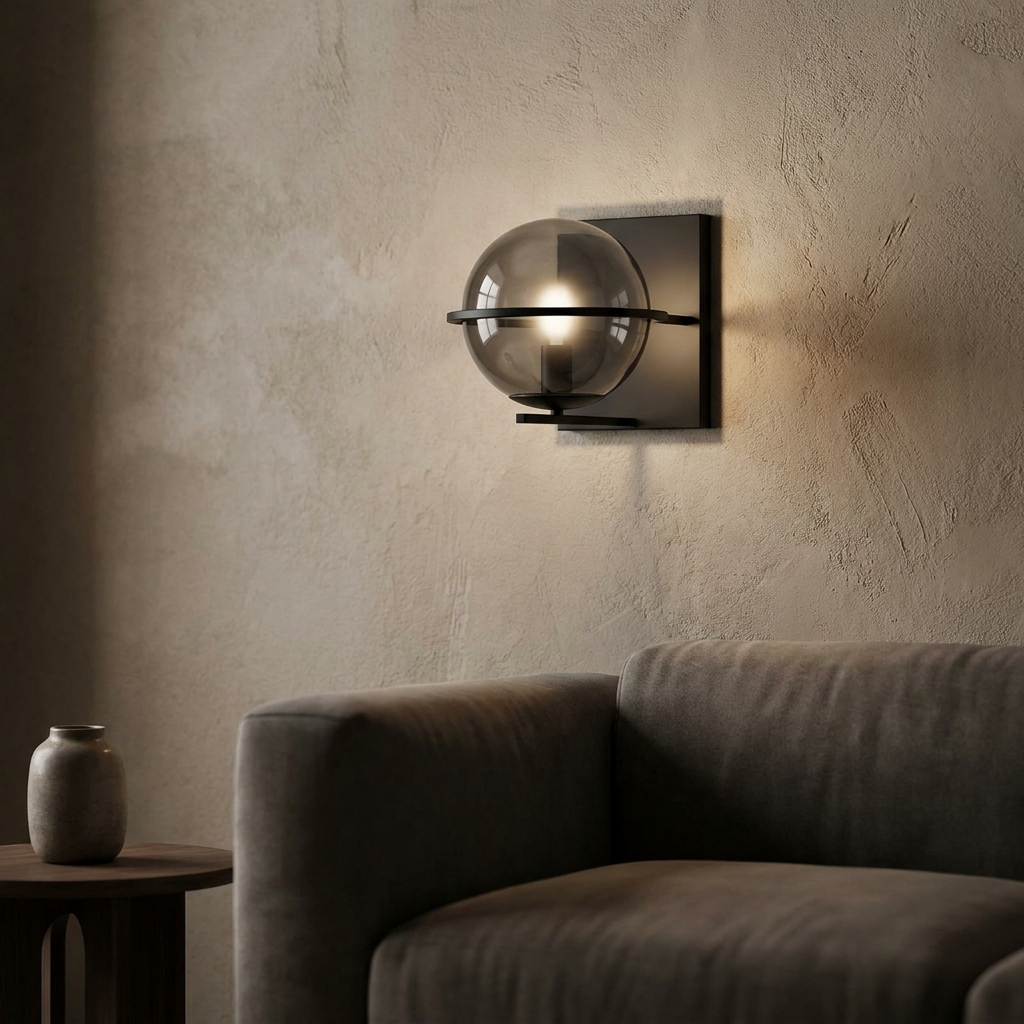 Smoked Glass Wall Sconce | Modern Indoor Accent Light, Matte Black Frame, Single or Double Globe, 2 Sizes