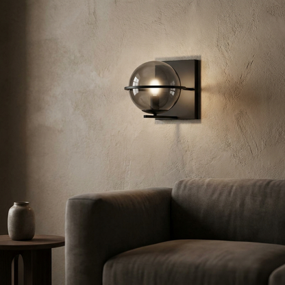Smoked Glass Wall Sconce | Modern Indoor Accent Light, Matte Black Frame, Single or Double Globe, 2 Sizes