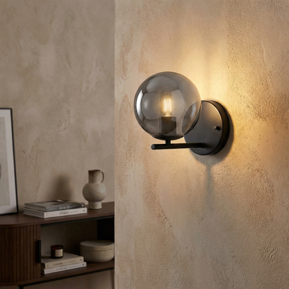 Smoked Glass Wall Sconce | Modern Indoor Accent Light, Matte Black Frame, Single or Double Globe, 2 Sizes