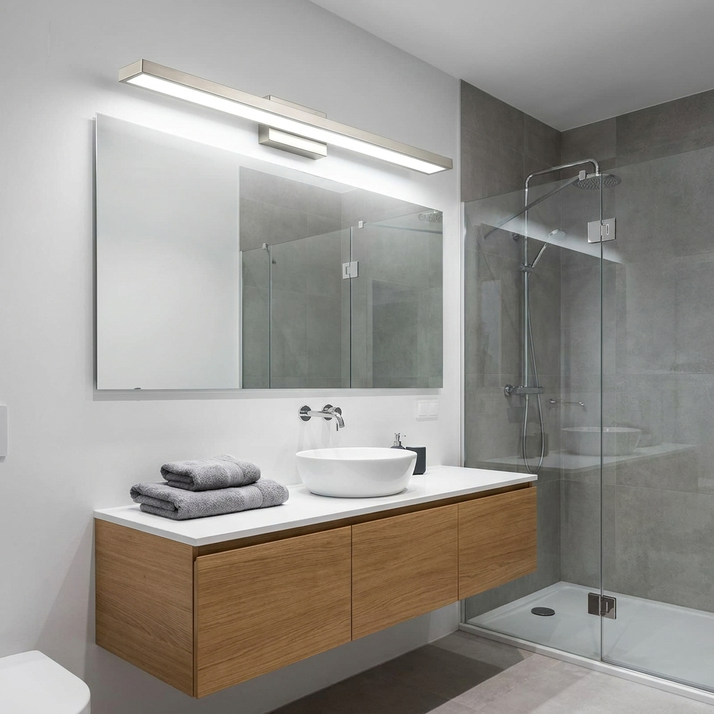 Dimmable LED backlit bathroom vanity light – finish and material close-up