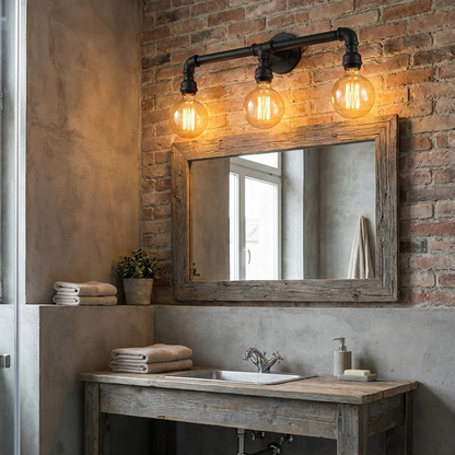 Industrial Pipe Vanity Light for Bathroom | Matte Black Iron, 3 or 5-Head, Vintage Edison, 24-42 Inch