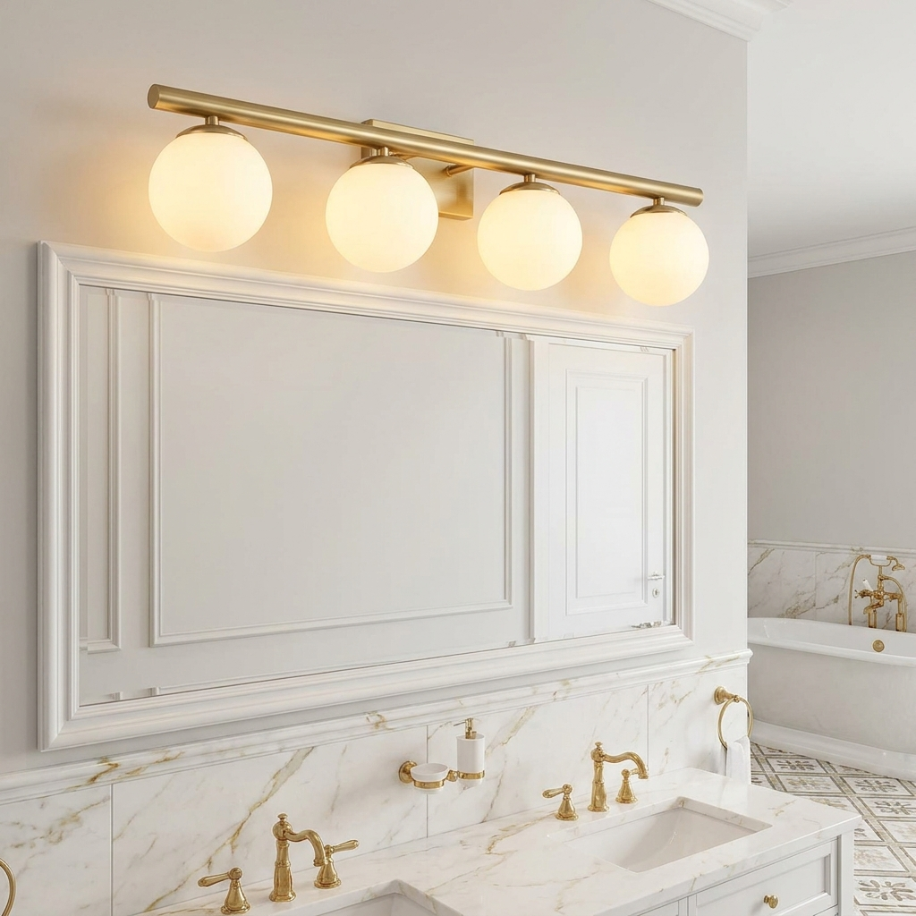 Brushed brass 4-head globe vanity light 32 inch – scale and dimensions reference