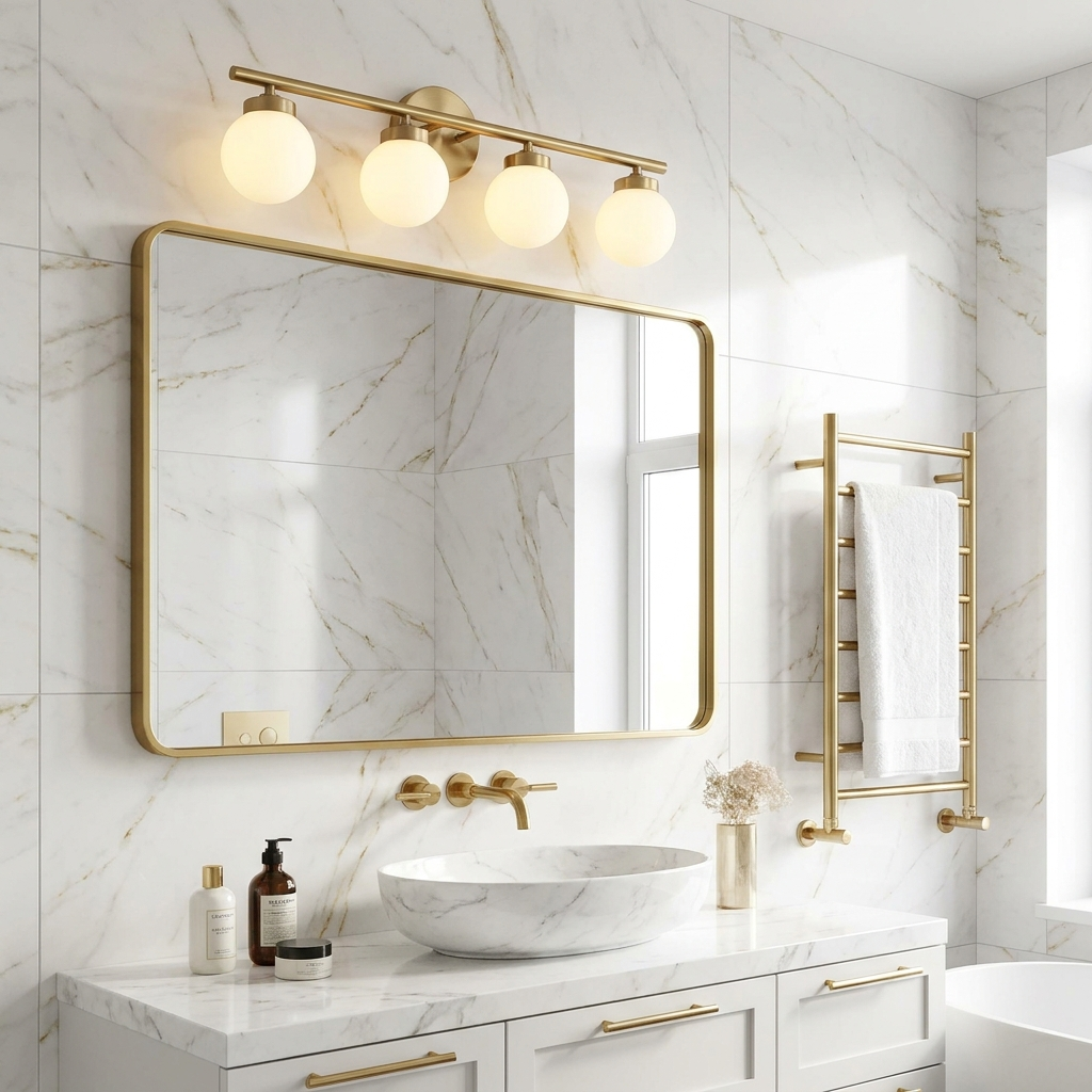 Modern Gold Bathroom Vanity Light | Brushed Brass, 4-Head Globe, 32 Inch, LED Bulbs Included