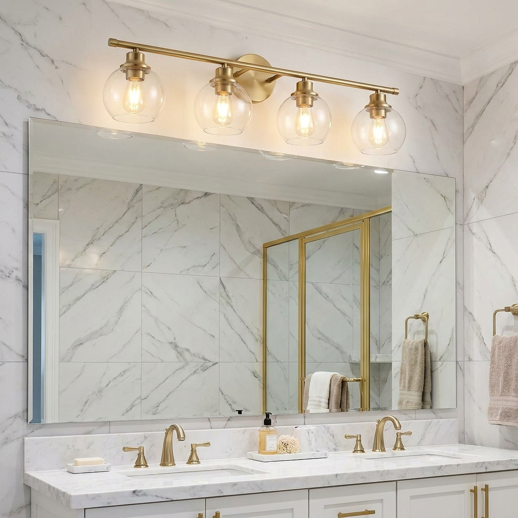 Modern Gold Bathroom Vanity Light | Brushed Brass, 4-Head Globe, 32 Inch, LED Bulbs Included