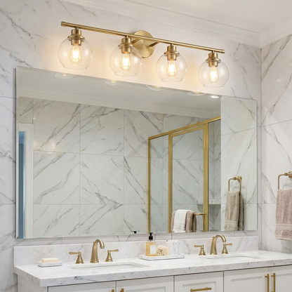 Modern Gold Bathroom Vanity Light | Brushed Brass, 4-Head Globe, 32 Inch, LED Bulbs Included