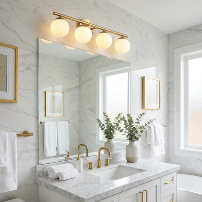 Modern Gold Bathroom Vanity Light | Brushed Brass, 4-Head Globe, 32 Inch, LED Bulbs Included