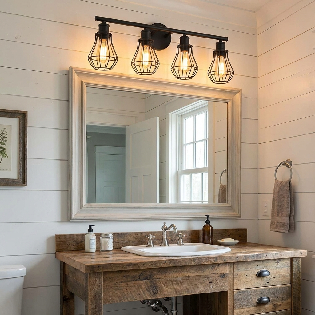 Farmhouse Vanity Light Bar for Bathroom | Matte Black, 3 to 6-Head Cage Fixture, 22-50 Inch