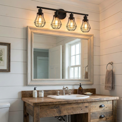 Farmhouse Vanity Light Bar for Bathroom | Matte Black, 3 to 6-Head Cage Fixture, 22-50 Inch