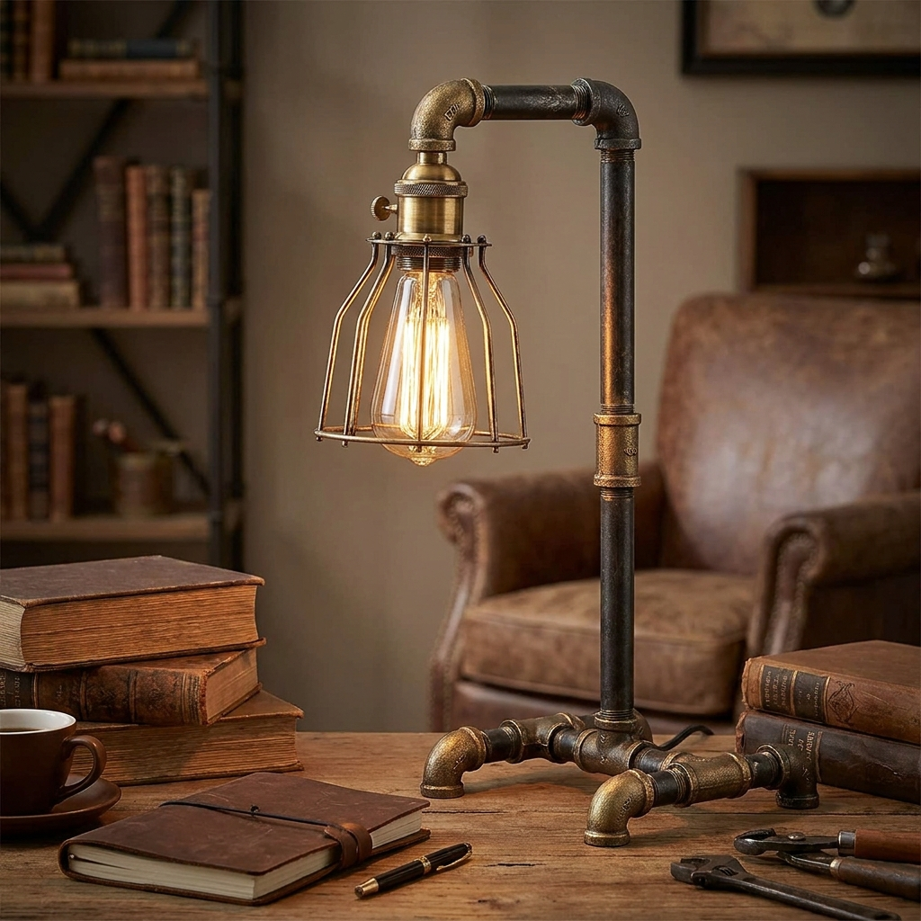 Vintage Edison table lamp iron pipe 3-way switch – finish and material close-up