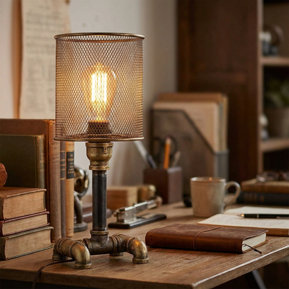 Industrial Edison Table Lamp | Vintage Antique Brass Iron Pipe Base, 3-Way Switch, Cage Shade